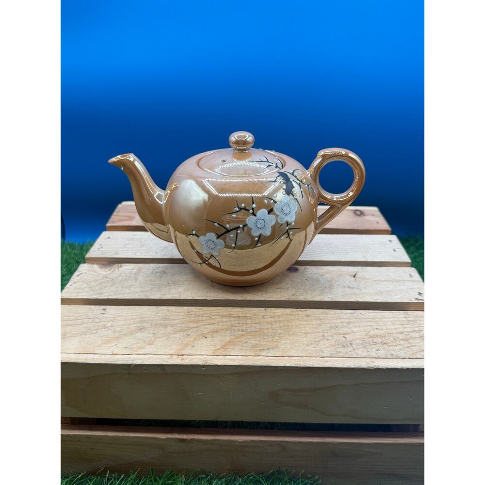Vintage Japanese Peach Lustreware Teapot – Hand-Painted White Cherry Blossoms